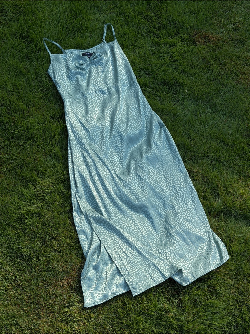 Lulu’s Sage Green Satin Slip Dress with Subtle Animal Print
